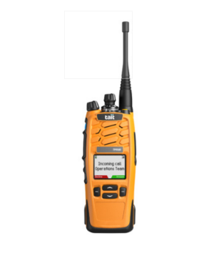 TP9555 VHF Orange Quad-Mode Portable - 136-174M with a 136-174M helical antenna, 2400mAh Li-Ion battery and belt clip
