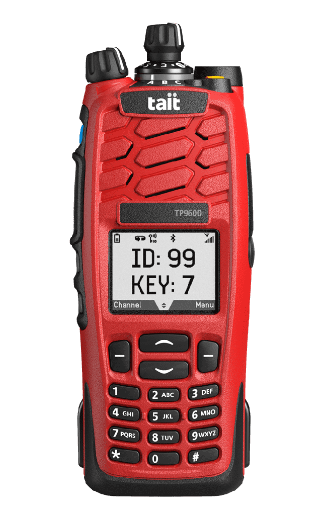 Tait TP9660 P25-Capable Handheld Radio, Red, VHF 136-164MHz, Full Keypad, 2400mAh Battery, 155-167MHz Antenna
